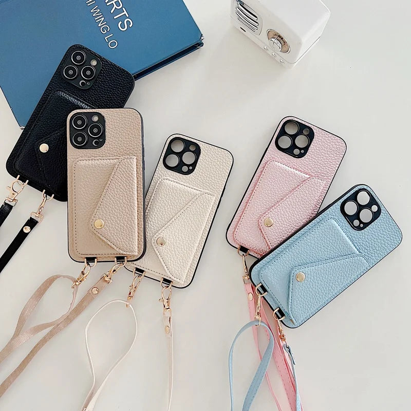Luxury Crossbody strap lanyard wallet leather case for iPhone 16 17 16pro 15 pro 17pro max 14 13 12 11 card holder phone cover