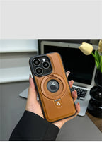 Luxury Magnetic Stand Ring PU Leather Case For iPhone 17 Air 16 Pro Max 15 14 13 12 Magsafe Wireless Charging Hollow Logo Cover