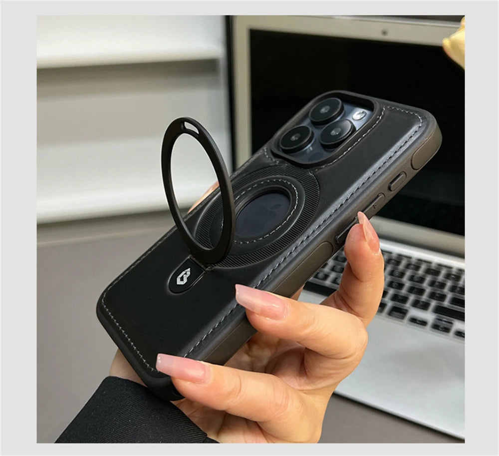 Luxury Magnetic Stand Ring PU Leather Case For iPhone 17 Air 16 Pro Max 15 14 13 12 Magsafe Wireless Charging Hollow Logo Cover