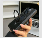 Luxury Magnetic Stand Ring PU Leather Case For iPhone 17 Air 16 Pro Max 15 14 13 12 Magsafe Wireless Charging Hollow Logo Cover