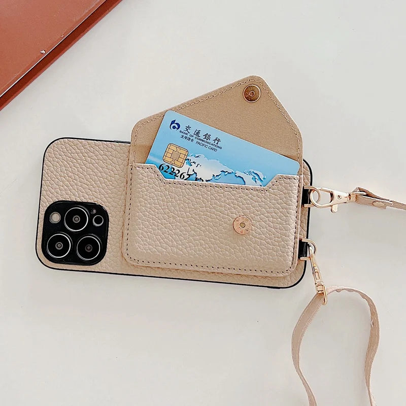Luxury Crossbody strap lanyard wallet leather case for iPhone 16 17 16pro 15 pro 17pro max 14 13 12 11 card holder phone cover