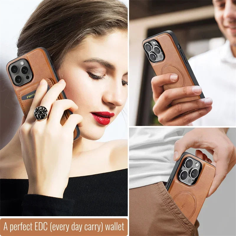 2 In 1 Magsafe Magnetic Leather Phone Case for iPhone 17 16E 16 15 14 13 12 11 Pro Max 16 Plus Wallet Card Holder Pocket Cover