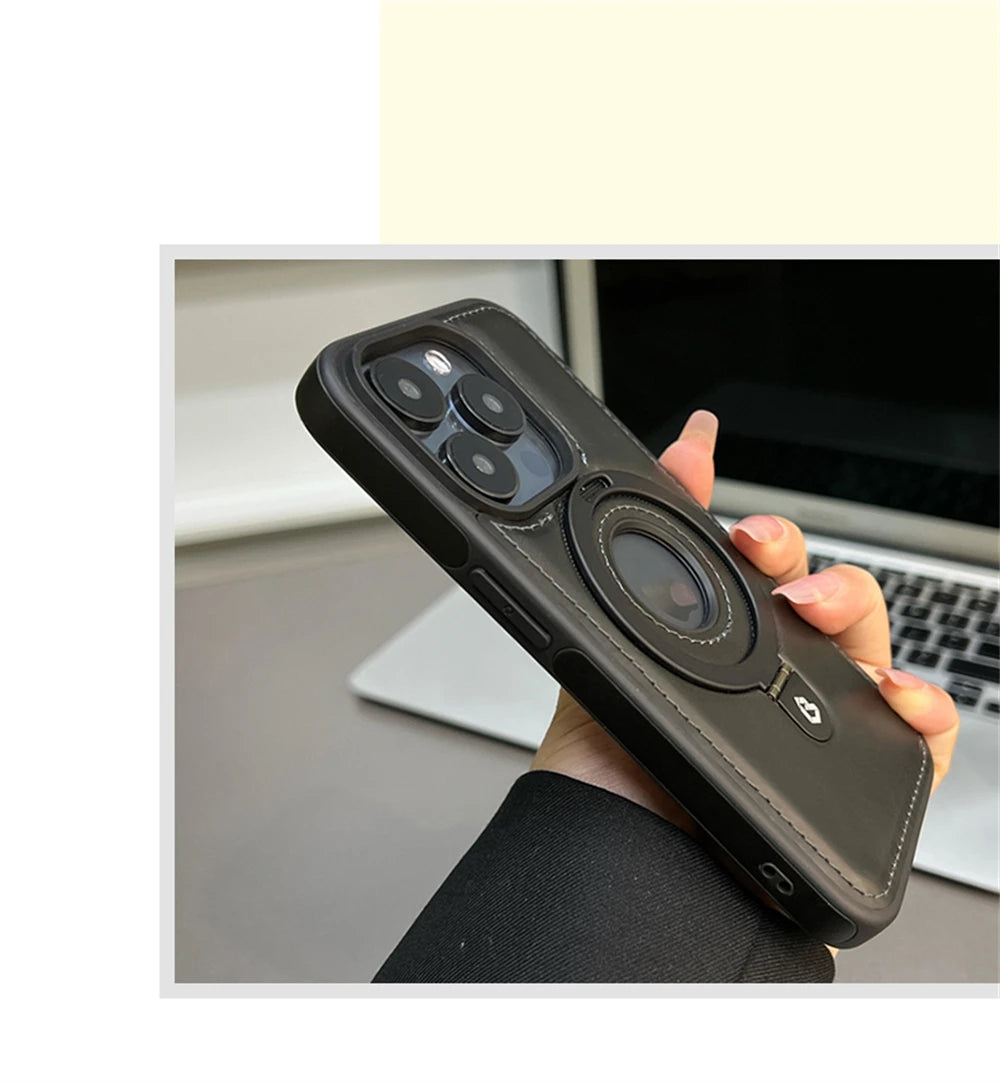 Luxury Magnetic Stand Ring PU Leather Case For iPhone 17 Air 16 Pro Max 15 14 13 12 Magsafe Wireless Charging Hollow Logo Cover