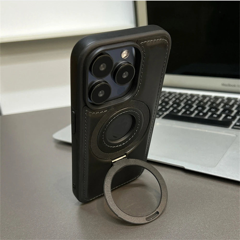Luxury Magnetic Stand Ring PU Leather Case For iPhone 17 Air 16 Pro Max 15 14 13 12 Magsafe Wireless Charging Hollow Logo Cover