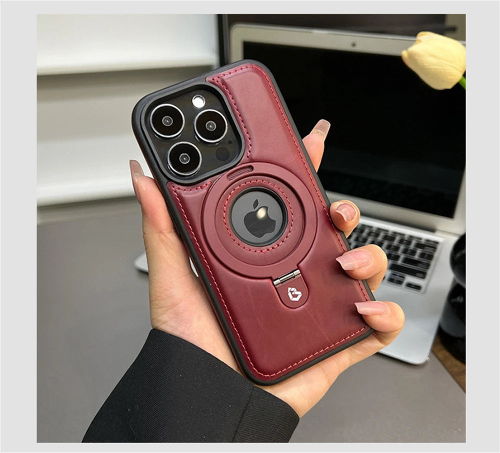 Luxury Magnetic Stand Ring PU Leather Case For iPhone 17 Air 16 Pro Max 15 14 13 12 Magsafe Wireless Charging Hollow Logo Cover