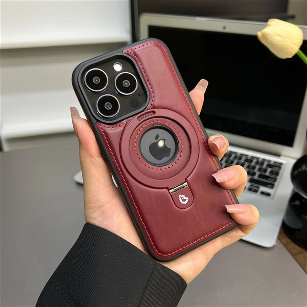 Luxury Magnetic Stand Ring PU Leather Case For iPhone 17 Air 16 Pro Max 15 14 13 12 Magsafe Wireless Charging Hollow Logo Cover