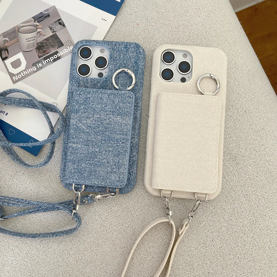 Polish Jeans Print Phone Case for iPhone 17 16 15 14 Plus 13 12 11 Pro Max Folio Mirror Folio Card Pocket Cover Shoulder Strap