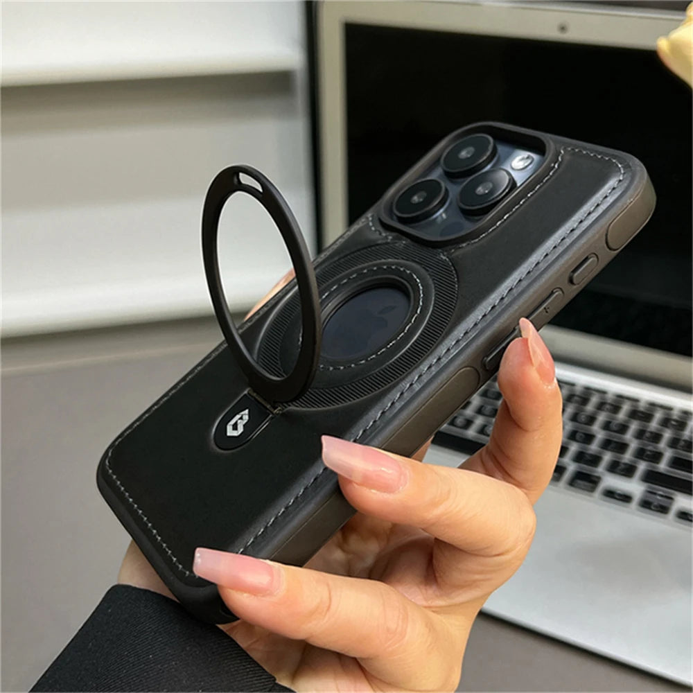 Luxury Magnetic Stand Ring PU Leather Case For iPhone 17 Air 16 Pro Max 15 14 13 12 Magsafe Wireless Charging Hollow Logo Cover