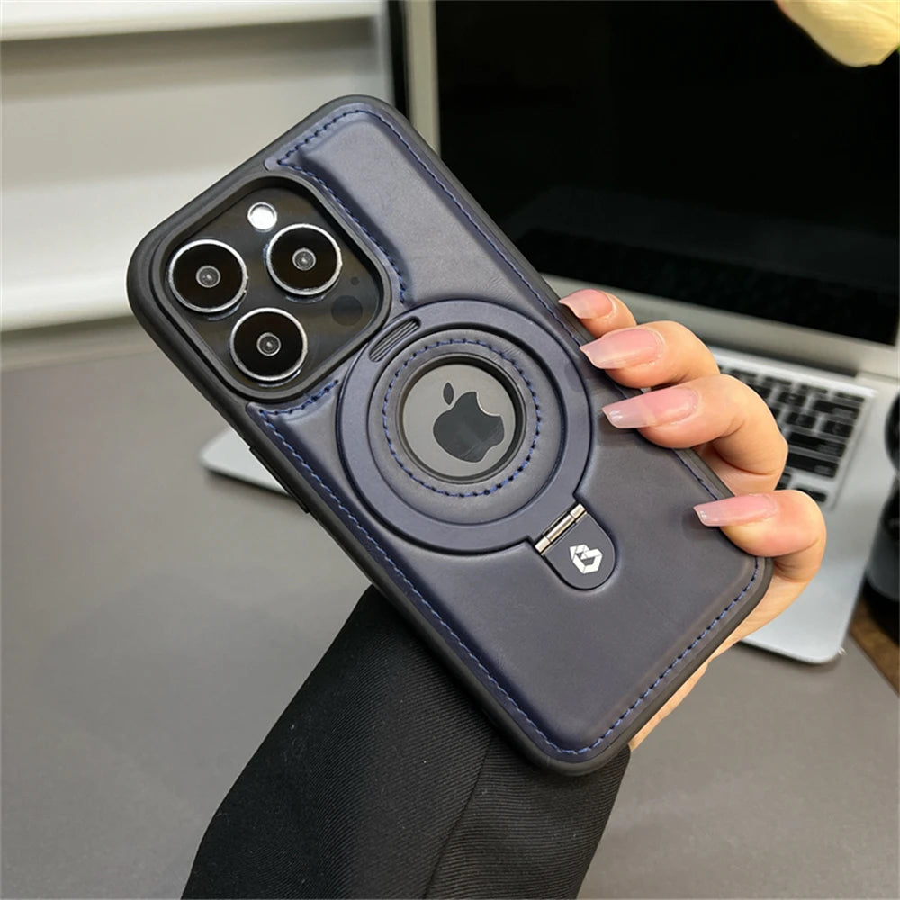 Luxury Magnetic Stand Ring PU Leather Case For iPhone 17 Air 16 Pro Max 15 14 13 12 Magsafe Wireless Charging Hollow Logo Cover