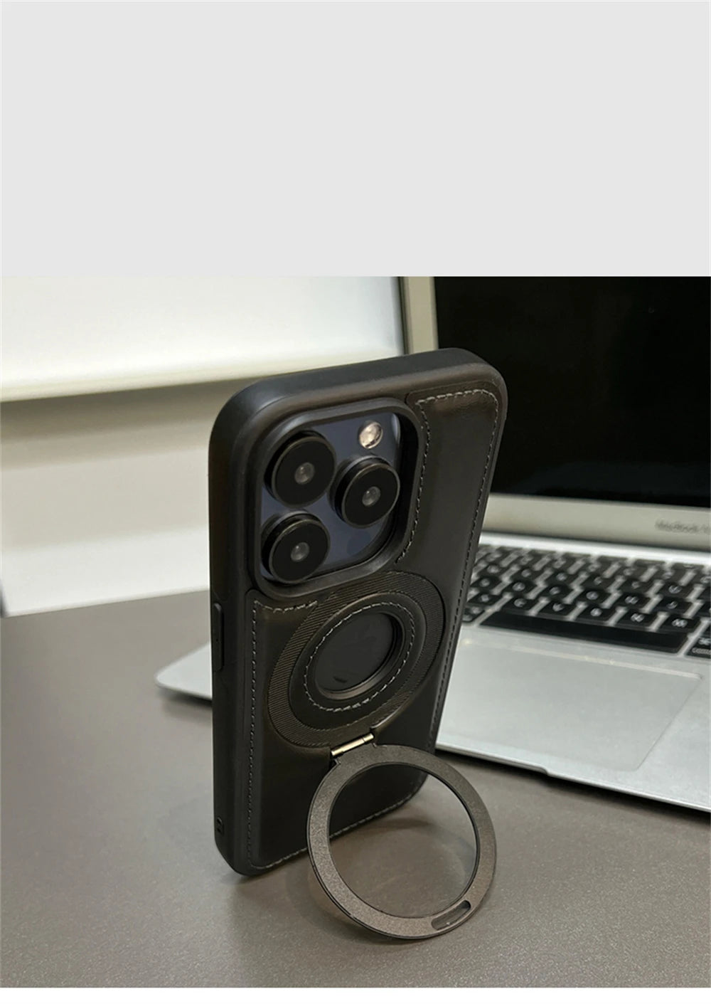Luxury Magnetic Stand Ring PU Leather Case For iPhone 17 Air 16 Pro Max 15 14 13 12 Magsafe Wireless Charging Hollow Logo Cover