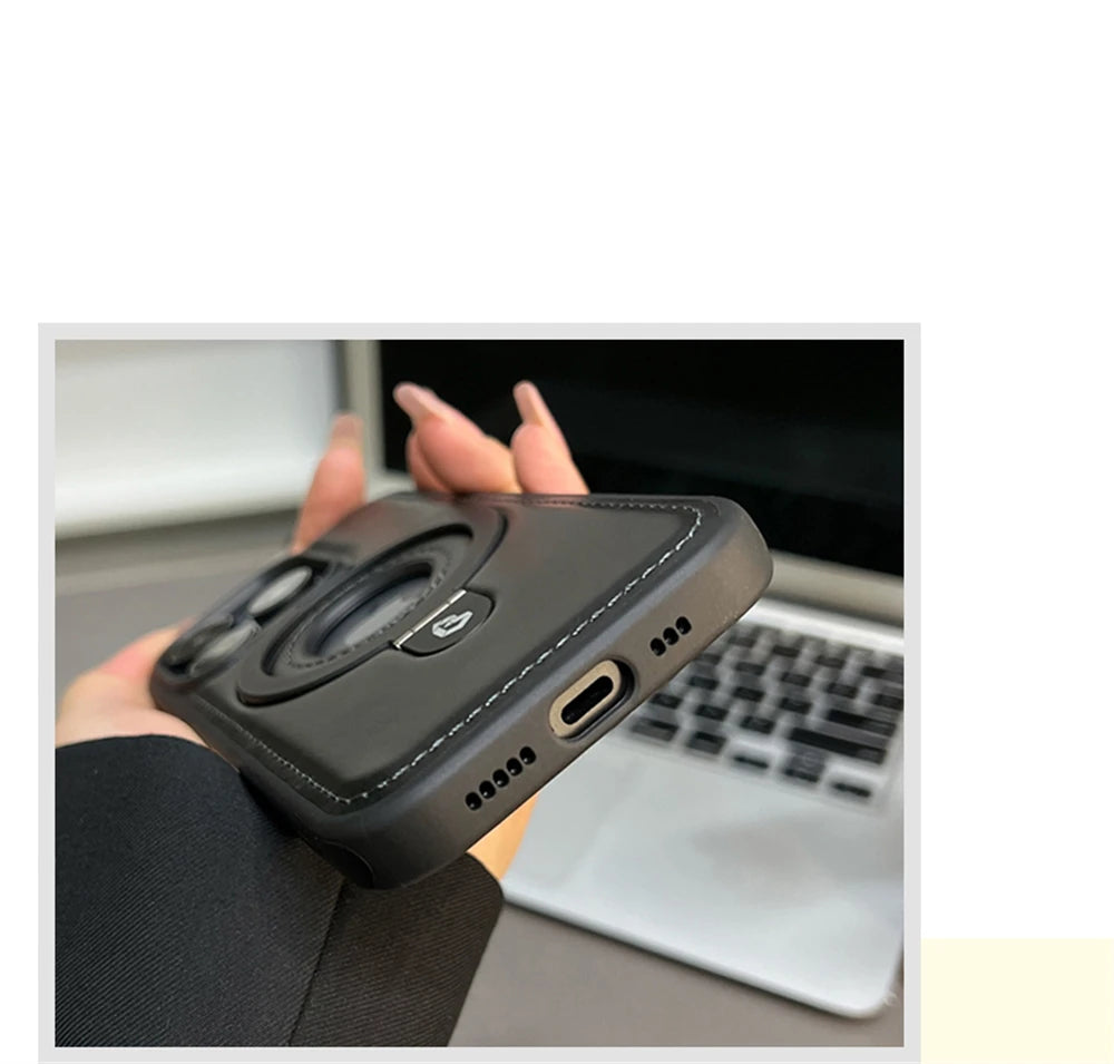 Luxury Magnetic Stand Ring PU Leather Case For iPhone 17 Air 16 Pro Max 15 14 13 12 Magsafe Wireless Charging Hollow Logo Cover
