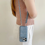 Polish Jeans Print Phone Case for iPhone 17 16 15 14 Plus 13 12 11 Pro Max Folio Mirror Folio Card Pocket Cover Shoulder Strap