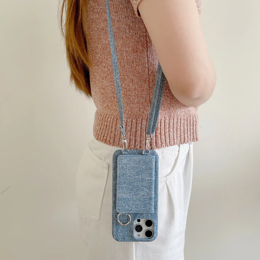 Polish Jeans Print Phone Case for iPhone 17 16 15 14 Plus 13 12 11 Pro Max Folio Mirror Folio Card Pocket Cover Shoulder Strap