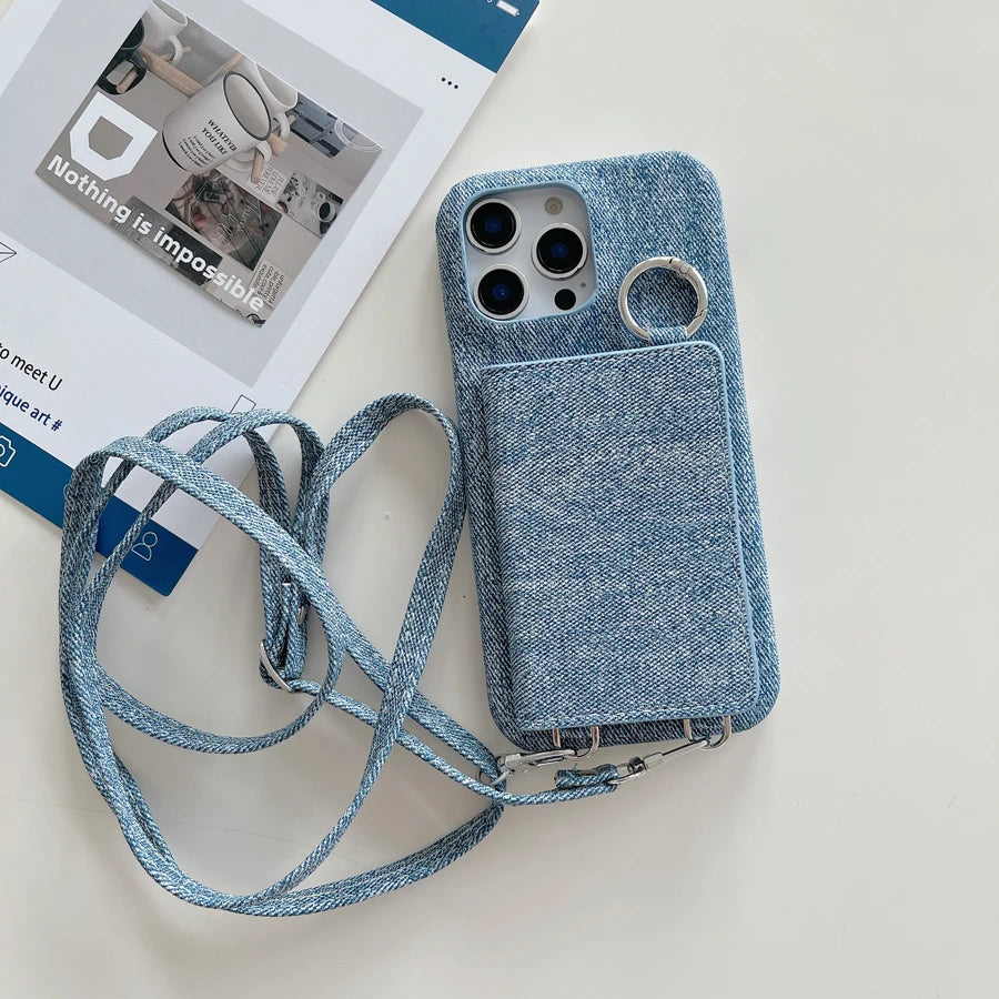 Polish Jeans Print Phone Case for iPhone 17 16 15 14 Plus 13 12 11 Pro Max Folio Mirror Folio Card Pocket Cover Shoulder Strap