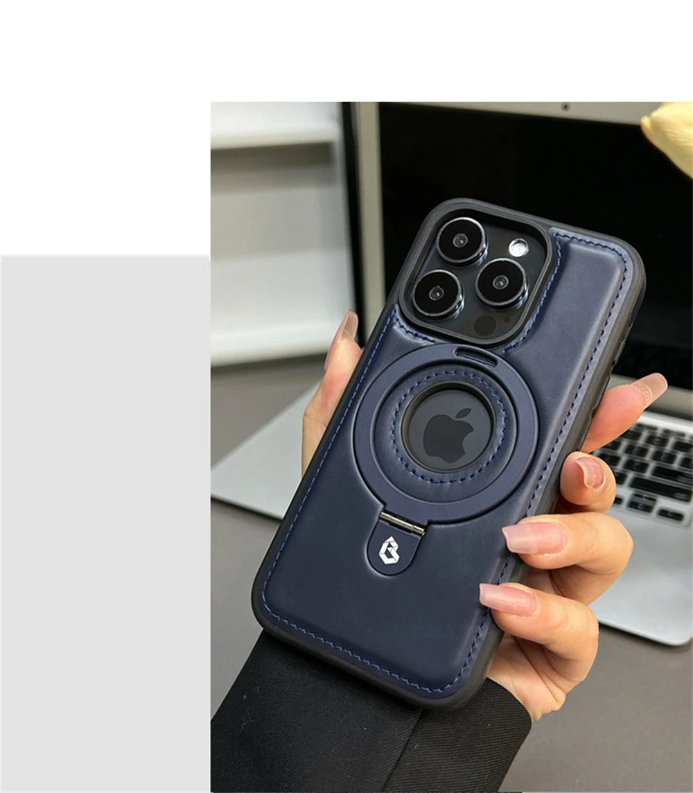 Luxury Magnetic Stand Ring PU Leather Case For iPhone 17 Air 16 Pro Max 15 14 13 12 Magsafe Wireless Charging Hollow Logo Cover