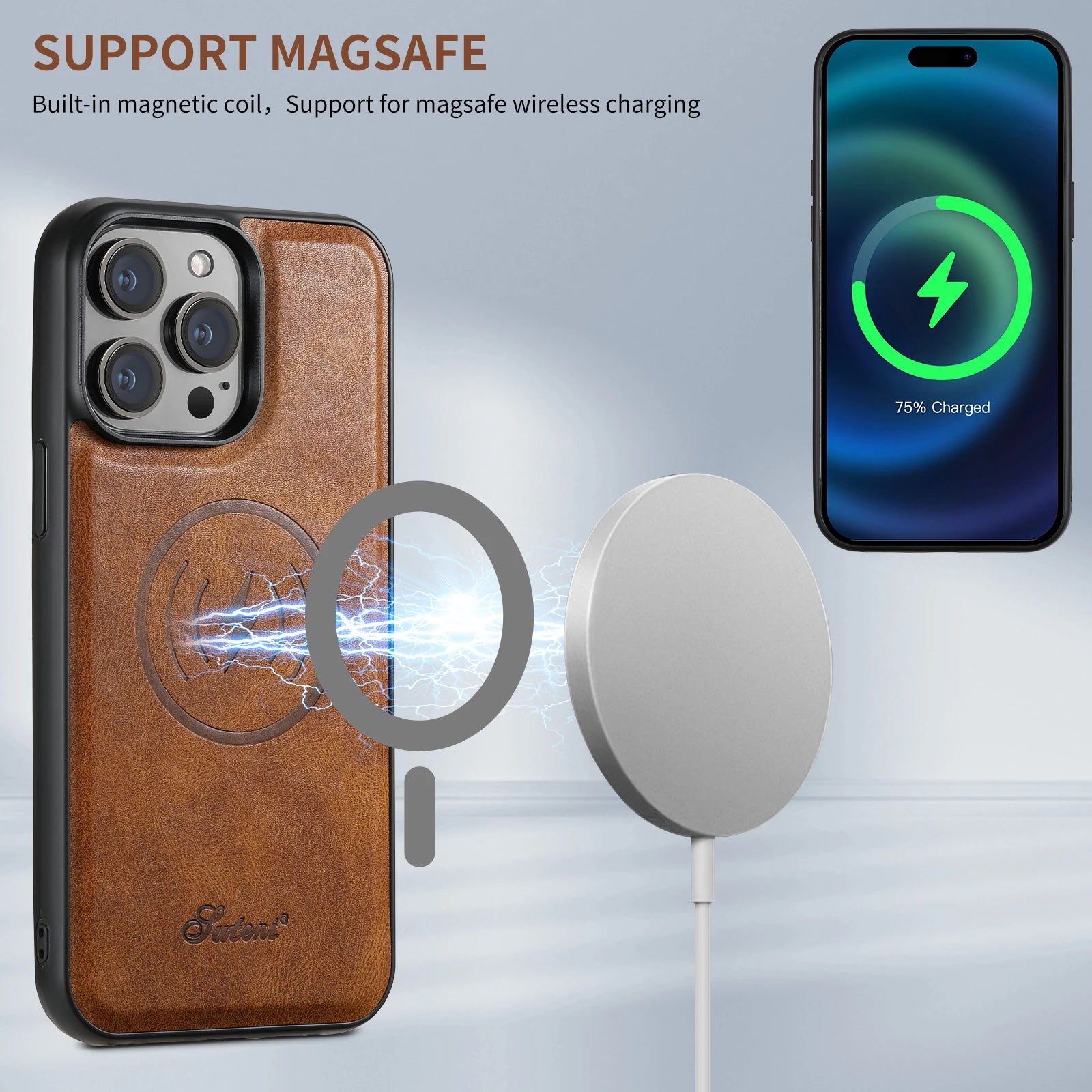 SUTENI Compatible Wireless Charging Luxury PU Leather case For iPhone 12 13 14 15 16 Plus 17 Pro Max