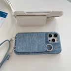 Polish Jeans Print Phone Case for iPhone 17 16 15 14 Plus 13 12 11 Pro Max Folio Mirror Folio Card Pocket Cover Shoulder Strap