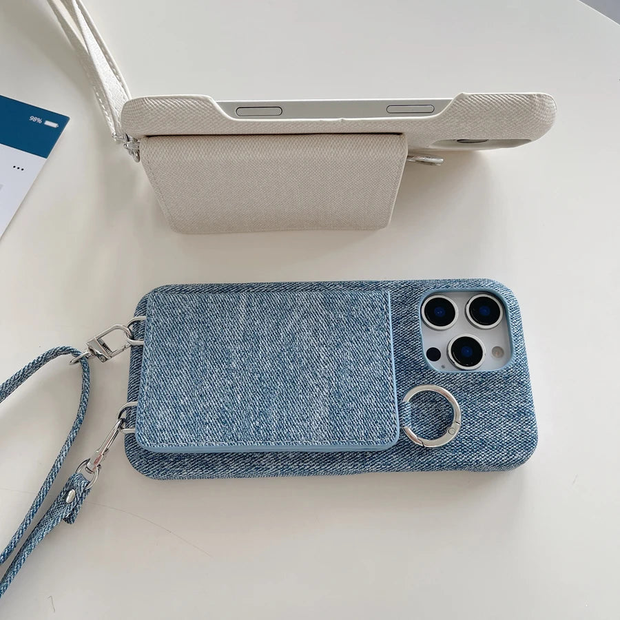 Polish Jeans Print Phone Case for iPhone 17 16 15 14 Plus 13 12 11 Pro Max Folio Mirror Folio Card Pocket Cover Shoulder Strap