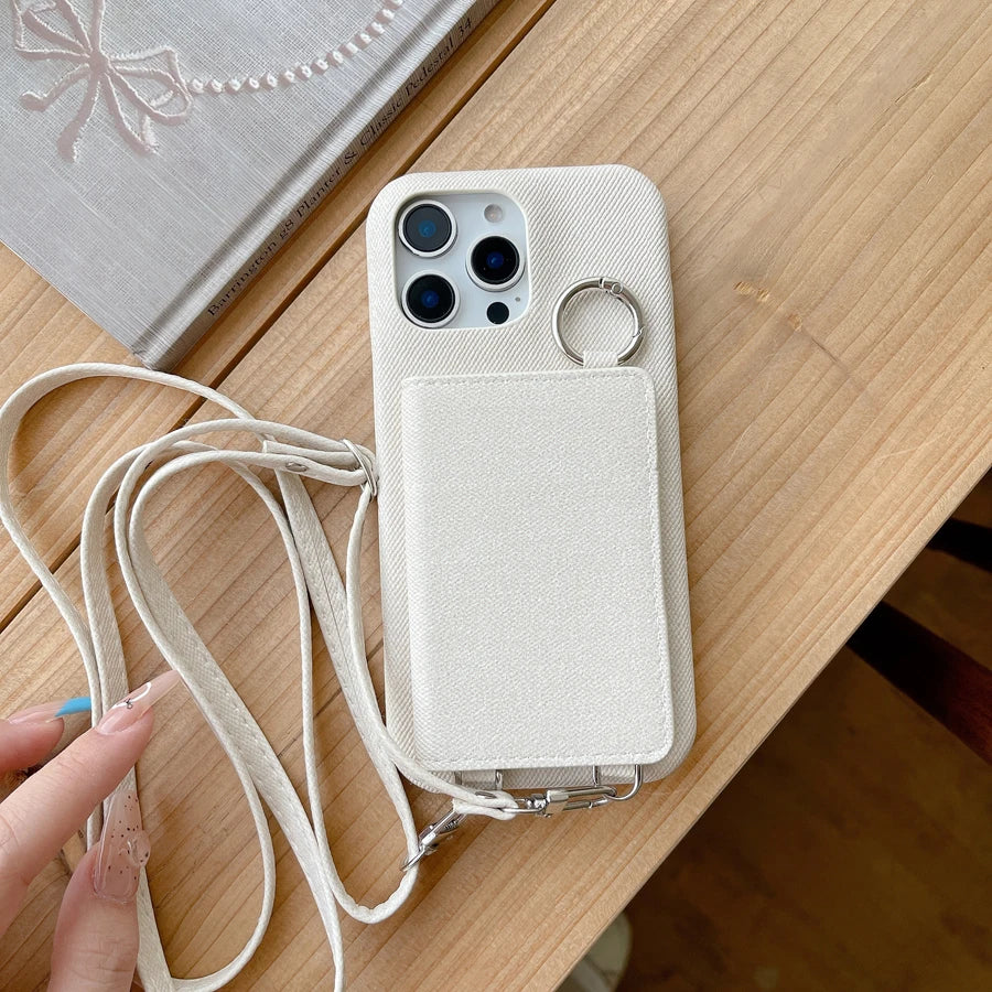 Polish Jeans Print Phone Case for iPhone 17 16 15 14 Plus 13 12 11 Pro Max Folio Mirror Folio Card Pocket Cover Shoulder Strap
