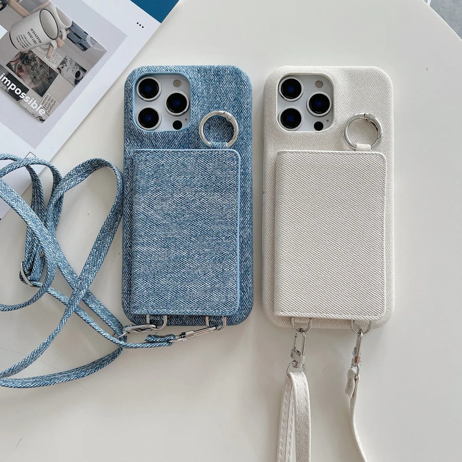 Polish Jeans Print Phone Case for iPhone 17 16 15 14 Plus 13 12 11 Pro Max Folio Mirror Folio Card Pocket Cover Shoulder Strap