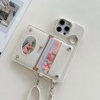 Polish Jeans Print Phone Case for iPhone 17 16 15 14 Plus 13 12 11 Pro Max Folio Mirror Folio Card Pocket Cover Shoulder Strap