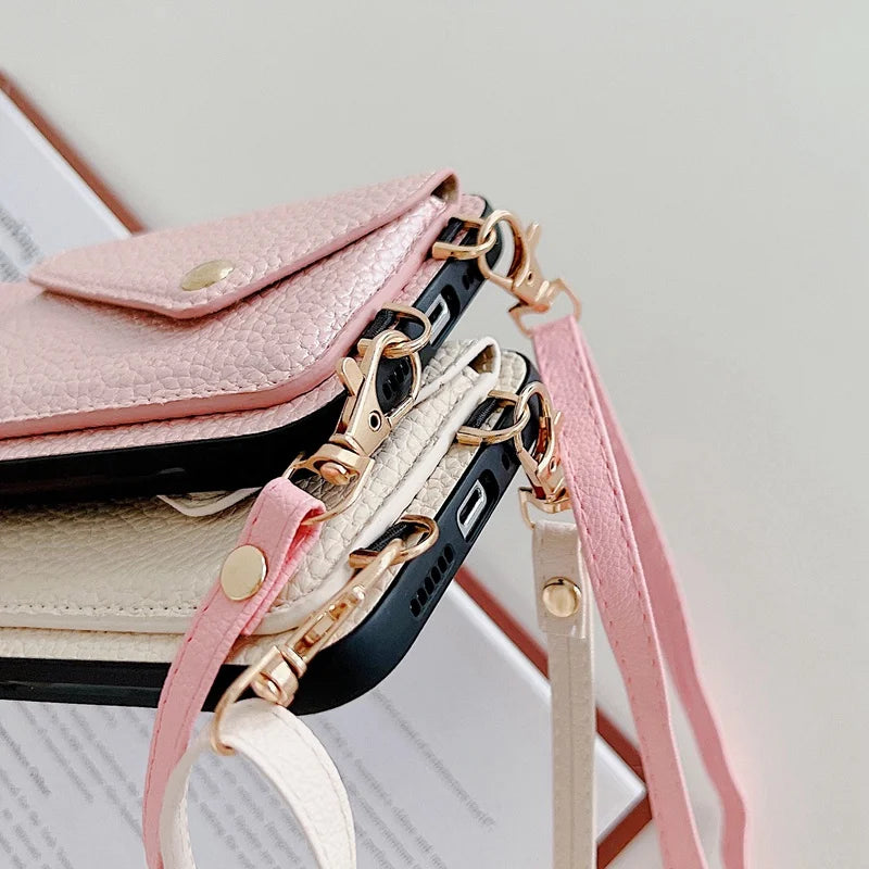 Luxury Crossbody strap lanyard wallet leather case for iPhone 16 17 16pro 15 pro 17pro max 14 13 12 11 card holder phone cover