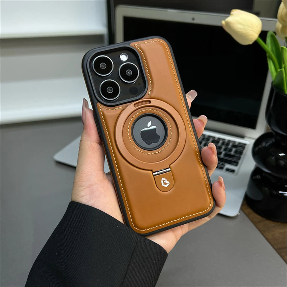Luxury Magnetic Stand Ring PU Leather Case For iPhone 17 Air 16 Pro Max 15 14 13 12 Magsafe Wireless Charging Hollow Logo Cover