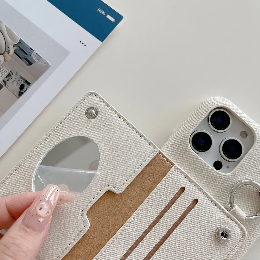 Polish Jeans Print Phone Case for iPhone 17 16 15 14 Plus 13 12 11 Pro Max Folio Mirror Folio Card Pocket Cover Shoulder Strap
