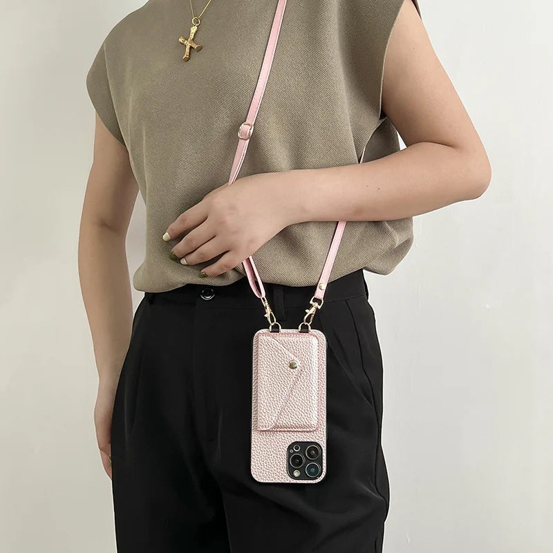 Luxury Crossbody strap lanyard wallet leather case for iPhone 16 17 16pro 15 pro 17pro max 14 13 12 11 card holder phone cover