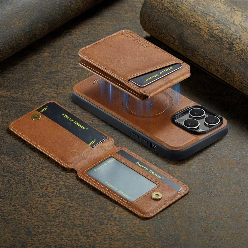 2 In 1 Magsafe Magnetic Leather Phone Case for iPhone 17 16E 16 15 14 13 12 11 Pro Max 16 Plus Wallet Card Holder Pocket Cover