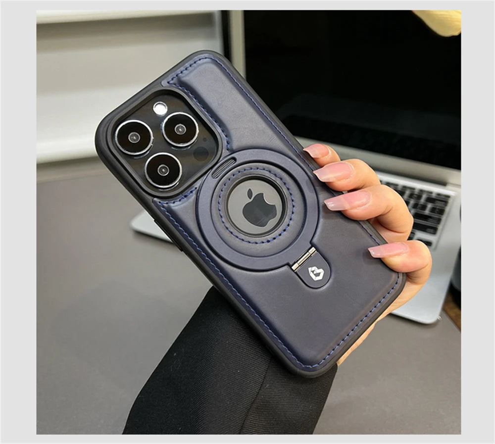 Luxury Magnetic Stand Ring PU Leather Case For iPhone 17 Air 16 Pro Max 15 14 13 12 Magsafe Wireless Charging Hollow Logo Cover