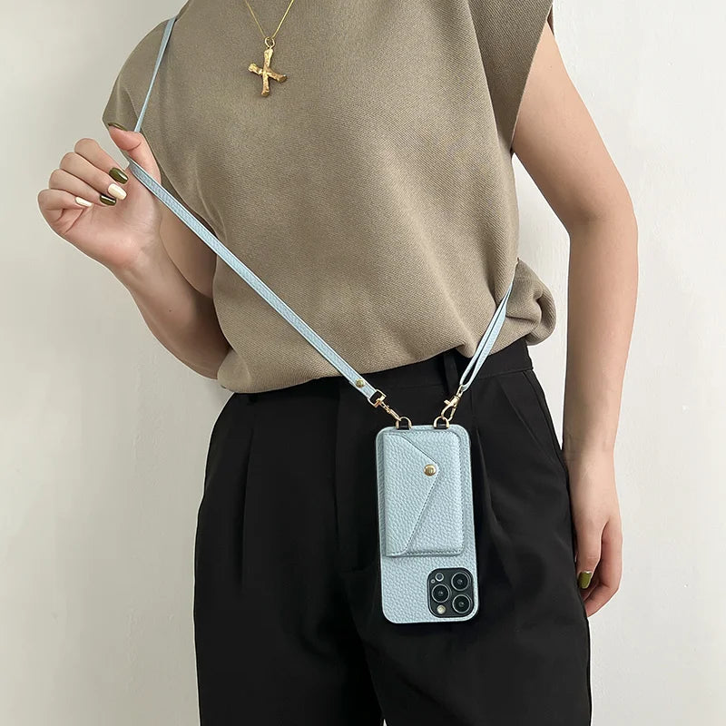 Luxury Crossbody strap lanyard wallet leather case for iPhone 16 17 16pro 15 pro 17pro max 14 13 12 11 card holder phone cover