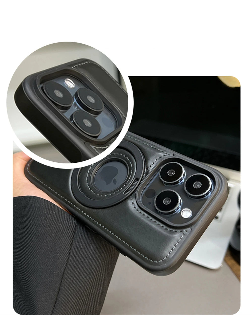 Luxury Magnetic Stand Ring PU Leather Case For iPhone 17 Air 16 Pro Max 15 14 13 12 Magsafe Wireless Charging Hollow Logo Cover