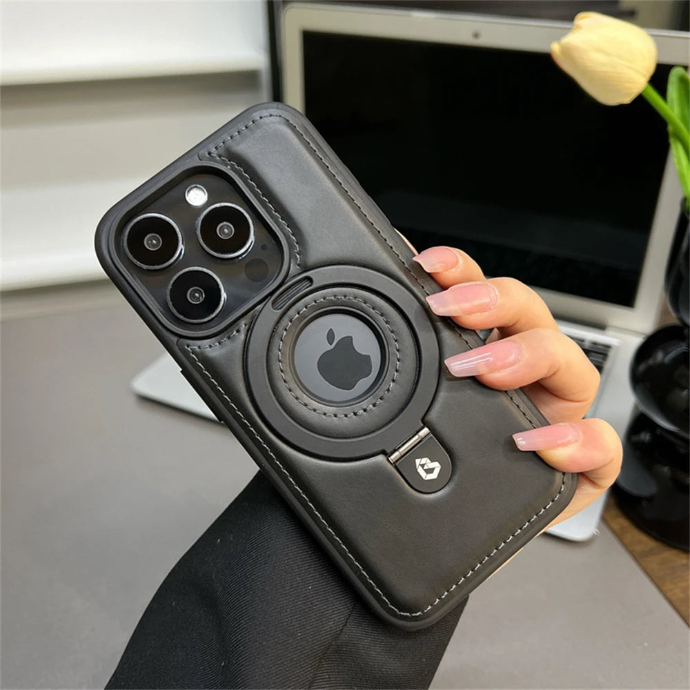 Luxury Magnetic Stand Ring PU Leather Case For iPhone 17 Air 16 Pro Max 15 14 13 12 Magsafe Wireless Charging Hollow Logo Cover